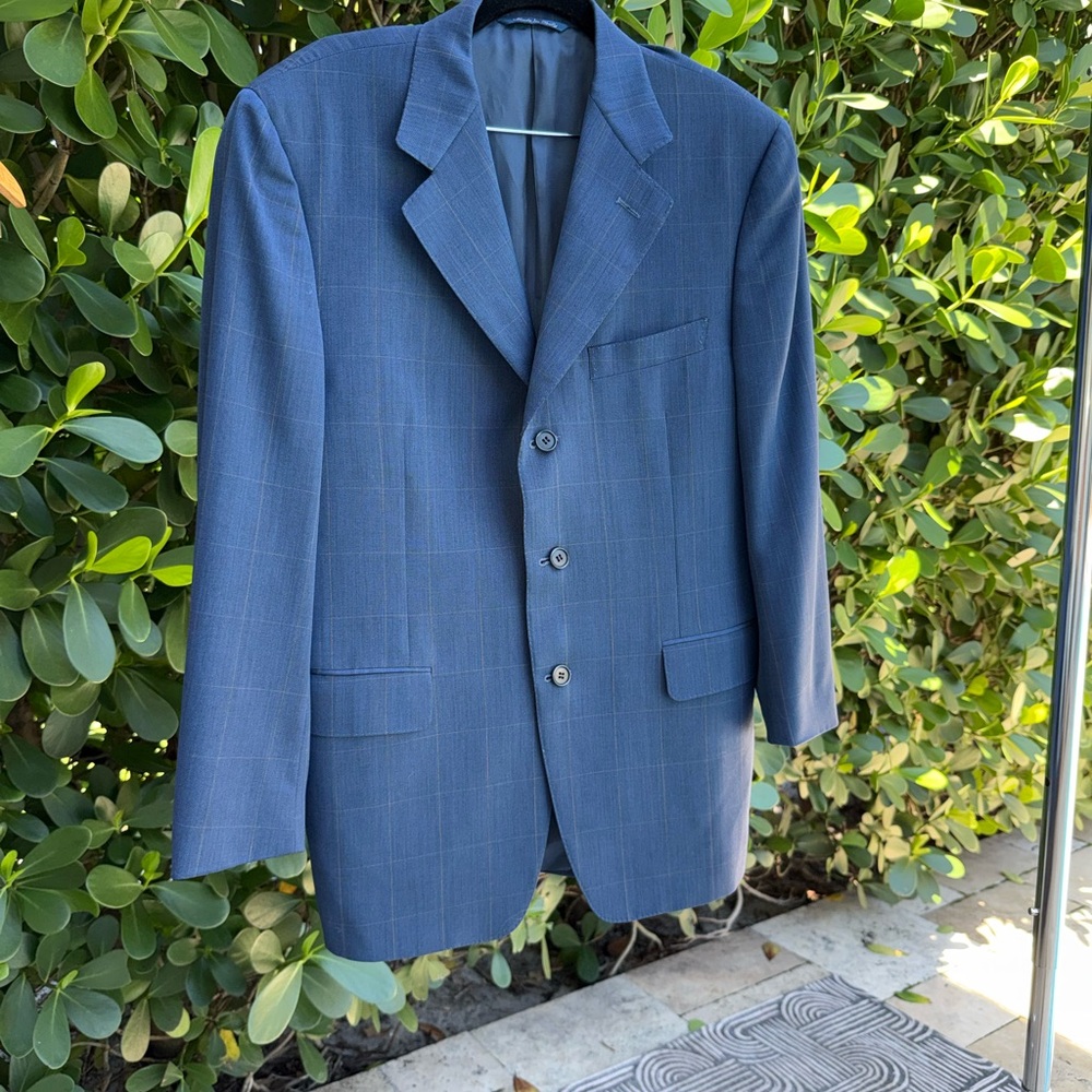 Canali Guy La Ferrera Wool Navy Blue Windowpane Sport Coat 48